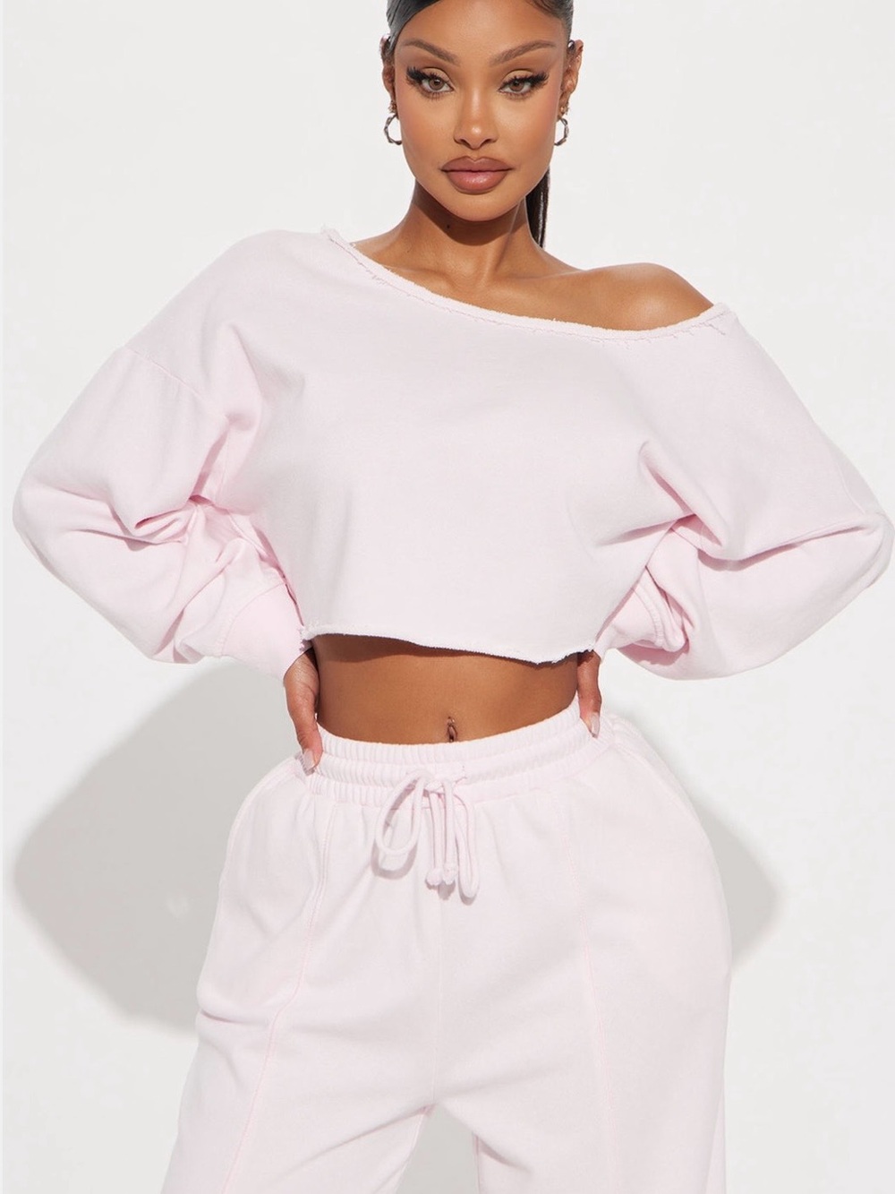 Fashion Nova The Washed Wide Leg Pink Off-Shoulder Cropped Sweater and Sweatpant